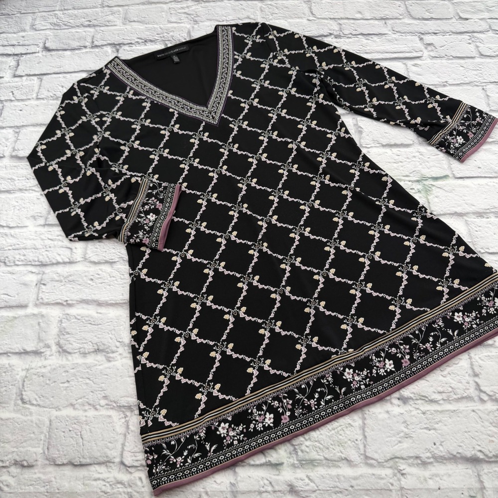 White House Black Market Tunic Top Womens Medium Black Purple Floral Trellis M